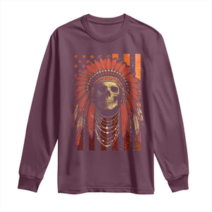 Native American Indian Chief Skull Headdress Vintage USA Flag Long Sleeve Shirt TS11 Maroon Print Your Wear