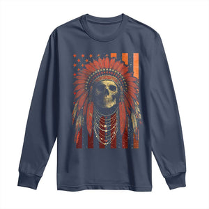 Native American Indian Chief Skull Headdress Vintage USA Flag Long Sleeve Shirt TS11 Navy Print Your Wear