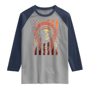 Native American Indian Chief Skull Headdress Vintage USA Flag Raglan Shirt TS11 Sport Gray Navy Print Your Wear