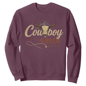 Funny Cowboy And Beer Sweatshirt Western Country Music Longhorn Skull TS11 Maroon Print Your Wear