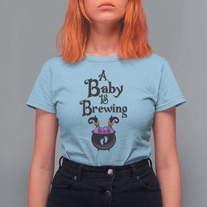Funny Halloween Pregnancy Announcement T Shirt For Women A Baby Is Brewing Witch Cauldron Footprint Pregnant Baby TS11 Light Blue Print Your Wear