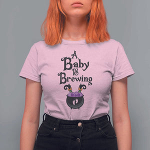 Funny Halloween Pregnancy Announcement T Shirt For Women A Baby Is Brewing Witch Cauldron Footprint Pregnant Baby TS11 Light Pink Print Your Wear