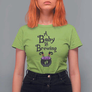 Funny Halloween Pregnancy Announcement T Shirt For Women A Baby Is Brewing Witch Cauldron Footprint Pregnant Baby TS11 Lime Print Your Wear
