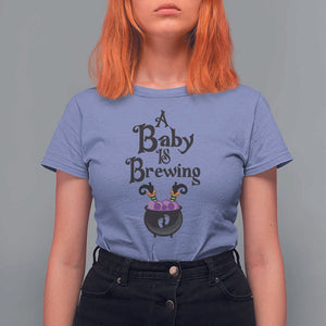Funny Halloween Pregnancy Announcement T Shirt For Women A Baby Is Brewing Witch Cauldron Footprint Pregnant Baby TS11 Violet Print Your Wear