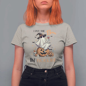 I Put The Boo In Boujee T Shirt For Women Halloween Cute Lady Ghost Is Drinking Wine Pumpkin TS11 Sand Print Your Wear