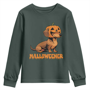 Funny Halloween Dachshund Youth Sweatshirt Halloweener Pumpkin Wiener Dog TS11 Dark Forest Green Print Your Wear