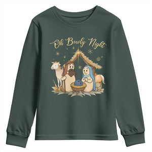 Funny Christmas Bowling Youth Sweatshirt Oh Bowly Night Nativity Scene Bowling Pins TS11 Dark Forest Green Print Your Wear