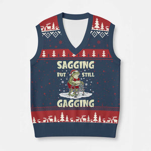 Funny Sagging But Still Gagging Xmas Frog V-Neck Knit Sweater Vest Funny Cringe Meme Gag Humor TS11 Navy Red Print Your Wear