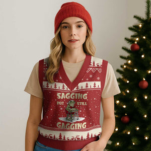 Funny Sagging But Still Gagging Xmas Frog V-Neck Knit Sweater Vest Funny Cringe Meme Gag Humor TS11 Red Beige Print Your Wear