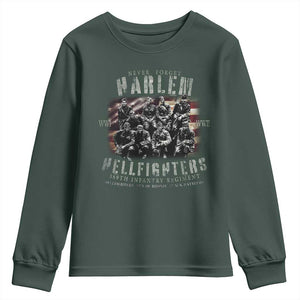 Never Forget Harlem Hellfighters Youth Sweatshirt Vintage American Flag TS11 Dark Forest Green Print Your Wear