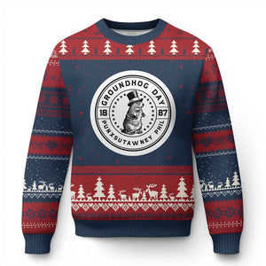 Punxsutawney Phil Groundhog Day Ugly Christmas Sweater Funny Woodchuck Day 1887 TS11 Navy Red Print Your Wear