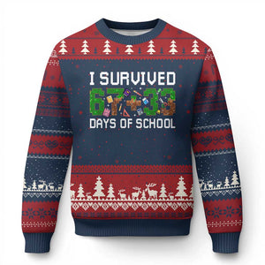 I Survived 67 33 Days Of School Ugly Christmas Sweater Funny 100 Days of School 67 Pixel Game TS11 Navy Red Print Your Wear