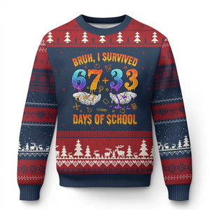Bruh I Survived 67 33 Days Of School Ugly Christmas Sweater Funny 100th Days of School Teacher 67 Drip TS11 Navy Red Print Your Wear