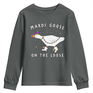 Mardi Goose On The Loose Youth Sweatshirt Funny Mardi Gras Carnival Parade TS11 Dark Heather Print Your Wear