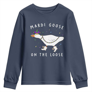 Mardi Goose On The Loose Youth Sweatshirt Funny Mardi Gras Carnival Parade TS11 Navy Print Your Wear