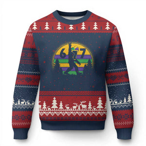 Funny Bigfoot 67 Mardi Gras Ugly Christmas Sweater Sasquatch Parade Jester Hat TS11 Navy Red Print Your Wear