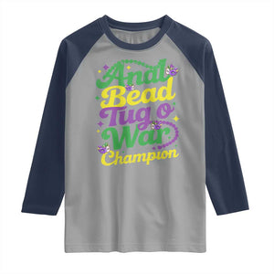 Funny Anal Bead Tug O War Mardi Gras Raglan Shirt Fat Tuesday Carnival Adult Humor TS11 Sport Gray Navy Print Your Wear