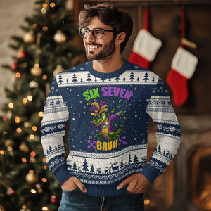 Funny 67 Mardi Gras Alligator Ugly Christmas Sweater Six Seven Bruh Mardigator Dabbing Crocodile TS11 Navy Beige Print Your Wear