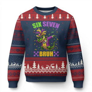 Funny 67 Mardi Gras Alligator Ugly Christmas Sweater Six Seven Bruh Mardigator Dabbing Crocodile TS11 Navy Red Print Your Wear