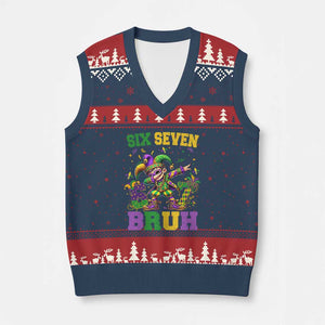 Funny 67 Mardi Gras V-Neck Knit Sweater Vest Six Seven Bruh Dabbing Jester TS11 Navy Red Print Your Wear