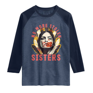 Native American Awareness Gift Raglan Shirt No More Stolen Sisters MMIW Support TS12 Heather Denim Navy Print Your Wear