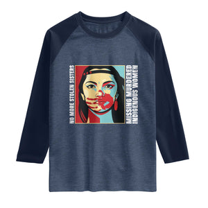 MMIW Awareness Support Raglan Shirt Voices For Stolen Sisters Native American TS12 Heather Denim Navy Print Your Wear