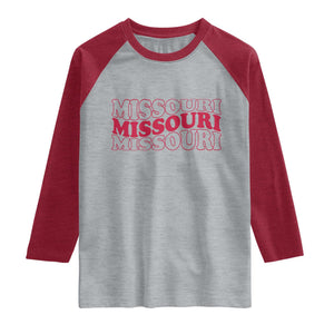 Retro Missouri State Pride Raglan Shirt Groovy Wavy Typography TS12 Heather Gray Heather Red Print Your Wear