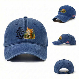 Cat Coffee Lover Washed Cotton Baseball Cap Now I Wake Up Sip Coffee And Do Whatever I Want TS12 Washed Cap Universal Fit Royal Blue Print Your Wear