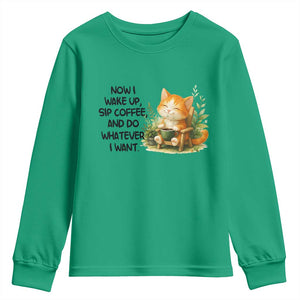 Cat Coffee Lover Youth Sweatshirt Now I Wake Up Sip Coffee And Do Whatever I Want TS12 Irish Green Print Your Wear