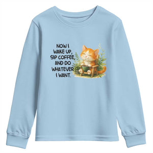 Cat Coffee Lover Youth Sweatshirt Now I Wake Up Sip Coffee And Do Whatever I Want TS12 Light Blue Print Your Wear