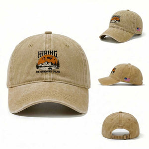 Hiking Is My Retirement Plan Washed Cotton Baseball Cap - Outdoor Vintage Mountain Scene TS12 Washed Cap Universal Fit Khaki Print Your Wear