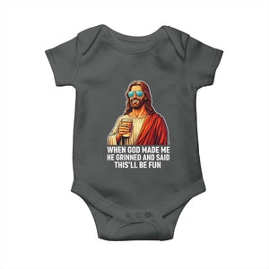 Funny Religious Jesus Baby Onesie When God Made Me He Grinned And Said This Will Be Fun TS12 Dark Heather Print Your Wear