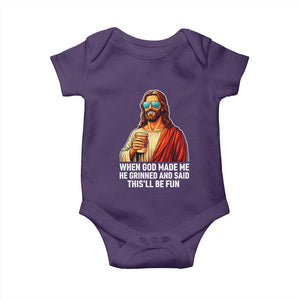 Funny Religious Jesus Baby Onesie When God Made Me He Grinned And Said This Will Be Fun TS12 Purple Print Your Wear