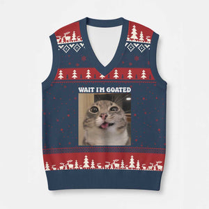 Funny Silly Cat Meme V-Neck Knit Sweater Vest Wait Im Goated TS12 Navy Red Print Your Wear
