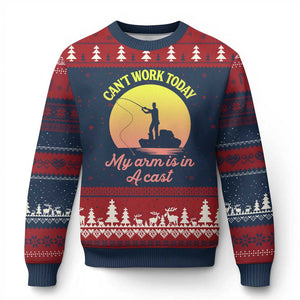 Funny Fishing Enthusiast Gift Ugly Christmas Sweater I Cant Work Today My Arm Is In A Cast TS12 Navy Red Print Your Wear