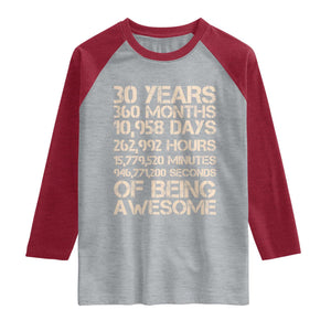 Vintage 30th Birthday Gift Raglan Shirt 30 Years Of Being Awesome TS12 Heather Gray Heather Red Print Your Wear