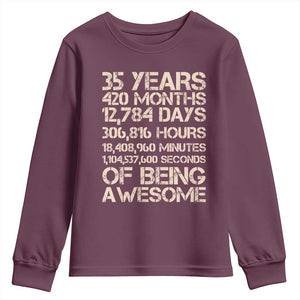 Vintage 35th Birthday Gift Youth Sweatshirt 35 Years Of Being Awesome TS12 Maroon Print Your Wear