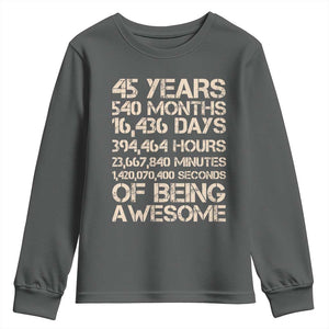 Vintage 45th Birthday Gift Youth Sweatshirt 45 Years Of Being Awesome TS12 Dark Heather Print Your Wear