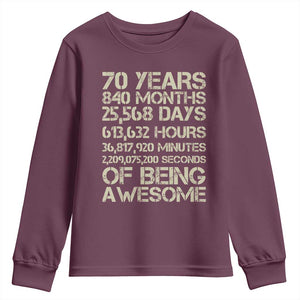 Vintage 70th Birthday Gift Youth Sweatshirt 70 Years Of Being Awesome TS12 Maroon Print Your Wear