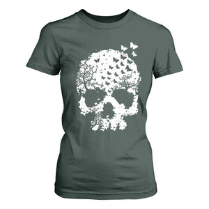 Dark Gothic Graphic Skull Floral Butterfly T Shirt For Women TS12 Dark Forest Green Print Your Wear
