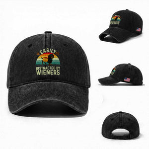 Easily Distracted By Wieners Washed Cotton Baseball Cap Funny Dachshund Dog In A Hot Dog Costume TS12 Washed Cap Universal Fit Black Print Your Wear