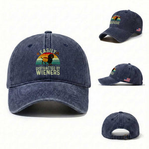 Easily Distracted By Wieners Washed Cotton Baseball Cap Funny Dachshund Dog In A Hot Dog Costume TS12 Washed Cap Universal Fit Navy Print Your Wear