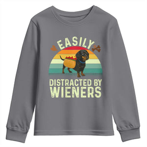 Easily Distracted By Wieners Youth Sweatshirt Funny Dachshund Dog In A Hot Dog Costume TS12 Charcoal Print Your Wear