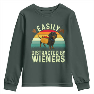 Easily Distracted By Wieners Youth Sweatshirt Funny Dachshund Dog In A Hot Dog Costume TS12 Dark Forest Green Print Your Wear