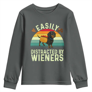 Easily Distracted By Wieners Youth Sweatshirt Funny Dachshund Dog In A Hot Dog Costume TS12 Dark Heather Print Your Wear