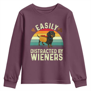 Easily Distracted By Wieners Youth Sweatshirt Funny Dachshund Dog In A Hot Dog Costume TS12 Maroon Print Your Wear