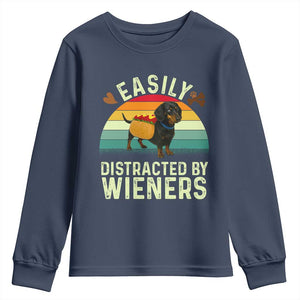 Easily Distracted By Wieners Youth Sweatshirt Funny Dachshund Dog In A Hot Dog Costume TS12 Navy Print Your Wear