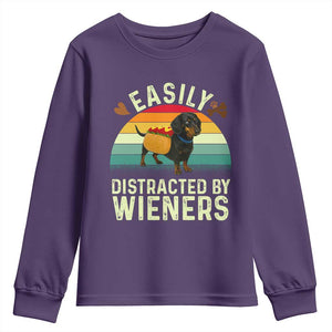 Easily Distracted By Wieners Youth Sweatshirt Funny Dachshund Dog In A Hot Dog Costume TS12 Purple Print Your Wear