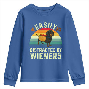 Easily Distracted By Wieners Youth Sweatshirt Funny Dachshund Dog In A Hot Dog Costume TS12 Royal Blue Print Your Wear