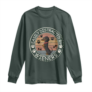 Easily Distracted By Wieners Long Sleeve Shirt Dachshund Dog Lover Retro Sunset TS12 Dark Forest Green Print Your Wear